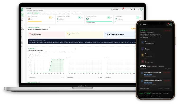 xyzrisk op een laptop en een telefoon: het overzicht met risicodruk, inspectiedekking en openstaande taken